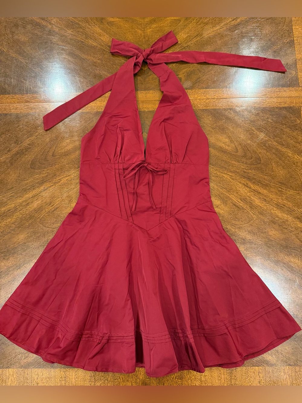Halter Neck Bow Lace Up Back Mini Dress - Maroon - L